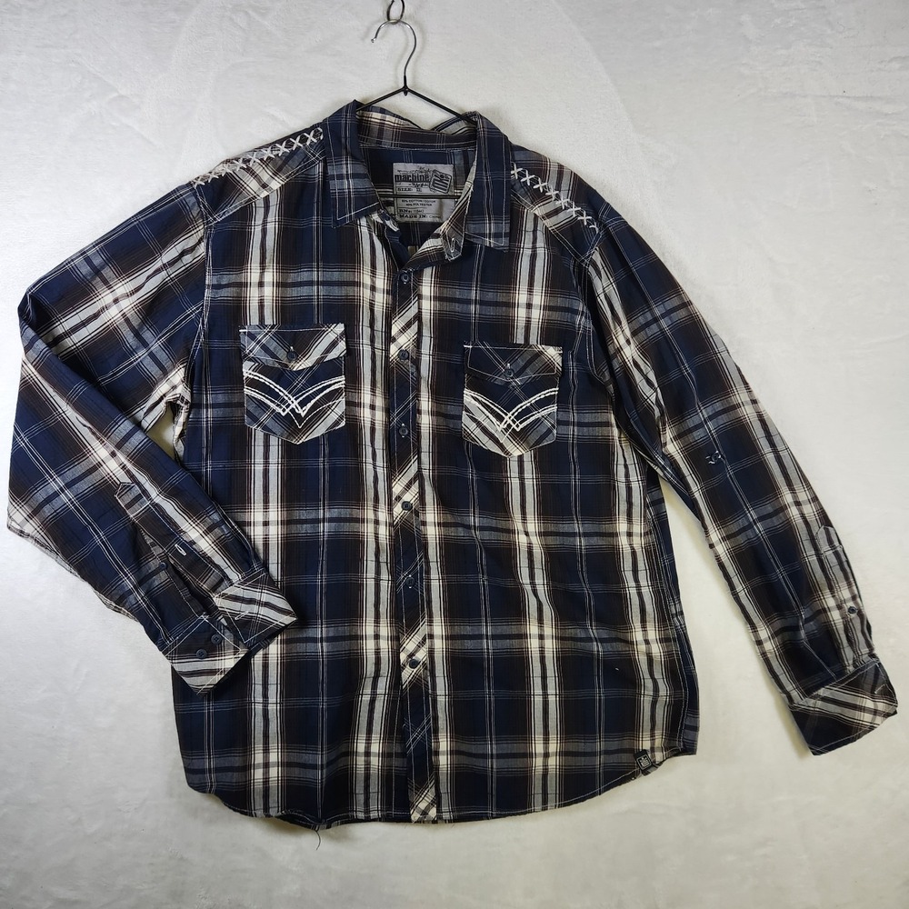 Machine Plaid Western Shirt Mens XXL Blue Brown Embroidered Pockets Long Sleeve‎